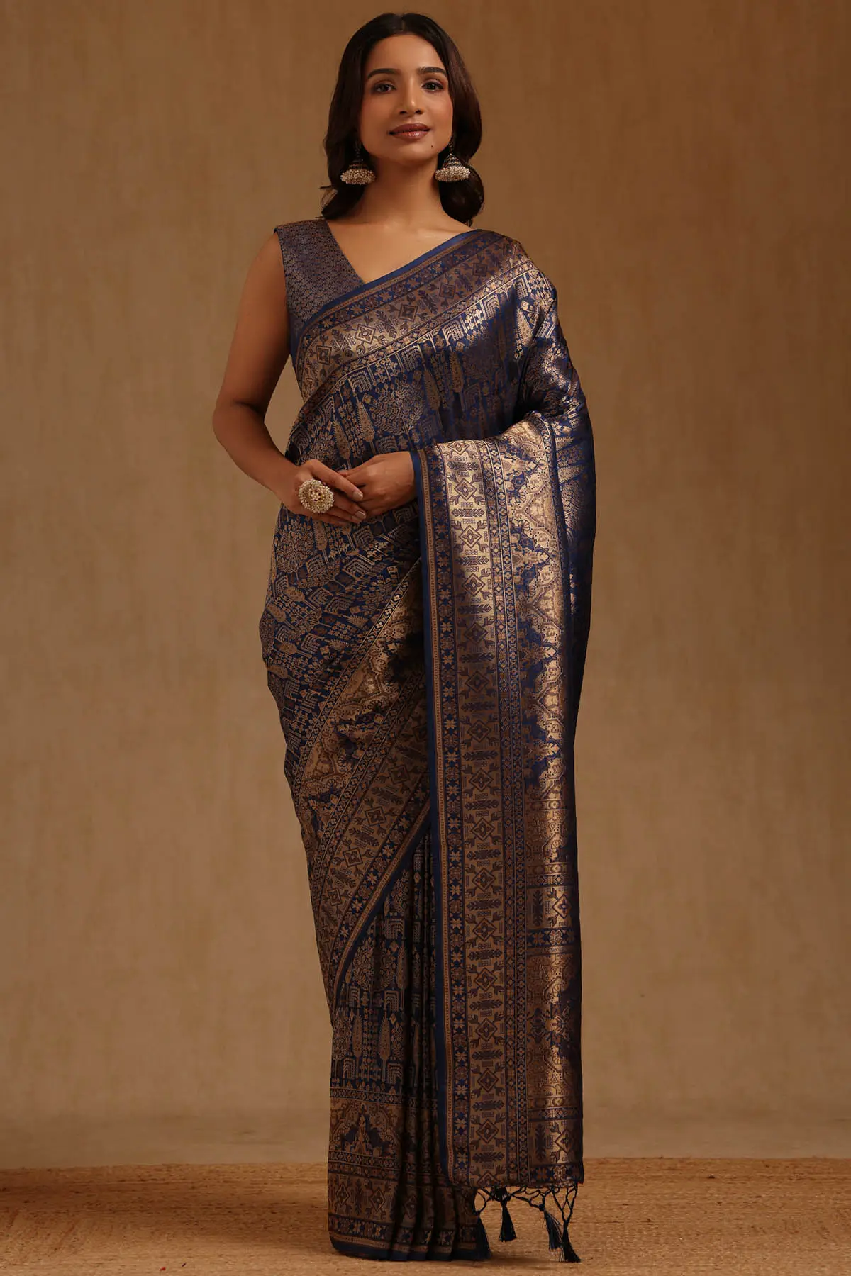 Navy Blue Tussar Woven Designs Saree With Zari